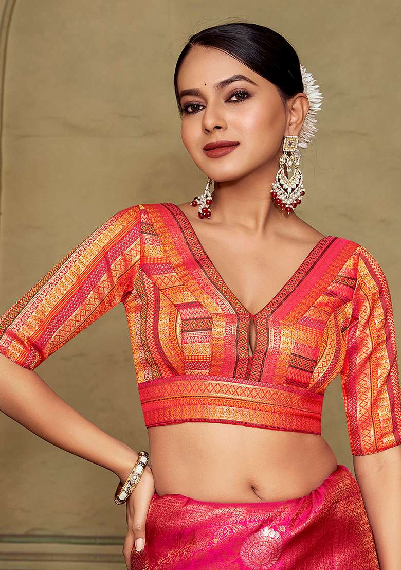 Orange Zari Work Art Silk Blouse - Indya
