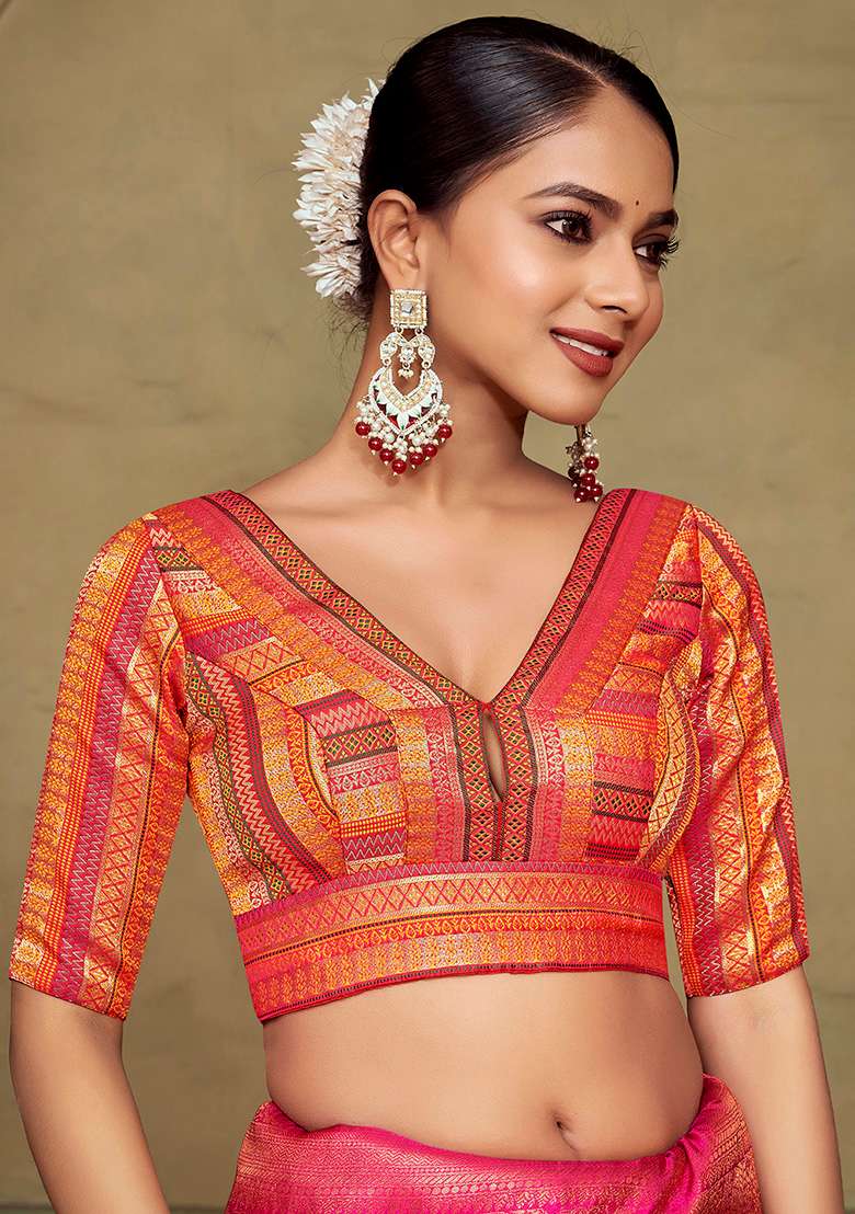 Orange Zari Work Art Silk Blouse - Indya