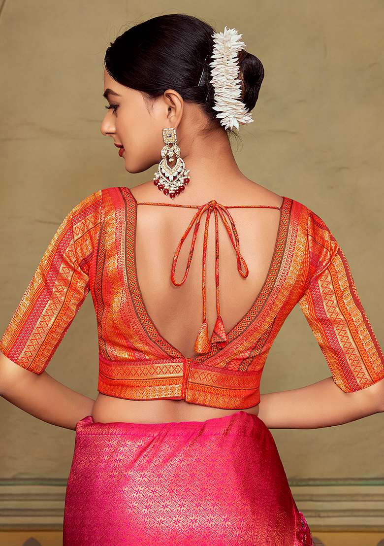 Orange Zari Work Art Silk Blouse - Indya