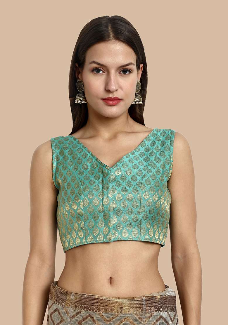 Light Green Zari Work Art Silk Blouse - Indya