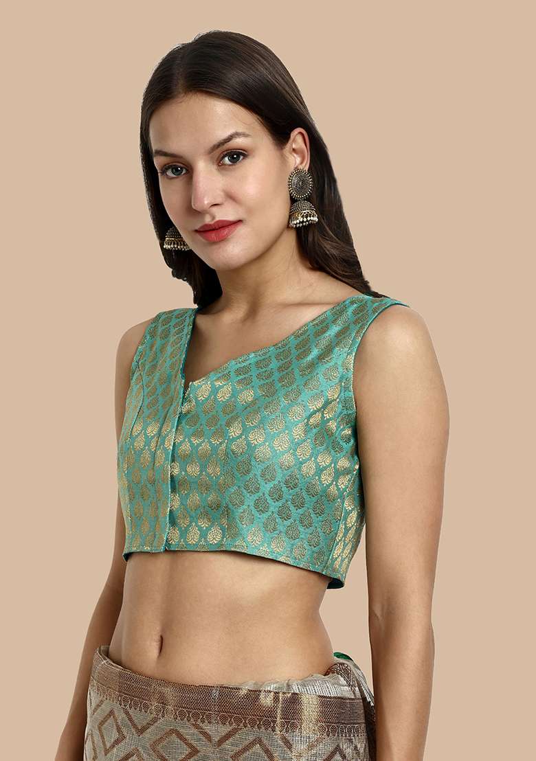 Light Green Zari Work Art Silk Blouse - Indya
