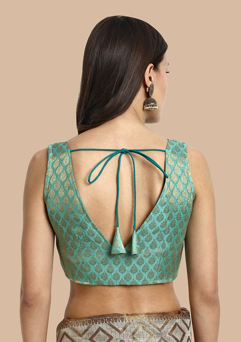 Light Green Zari Work Art Silk Blouse - Indya