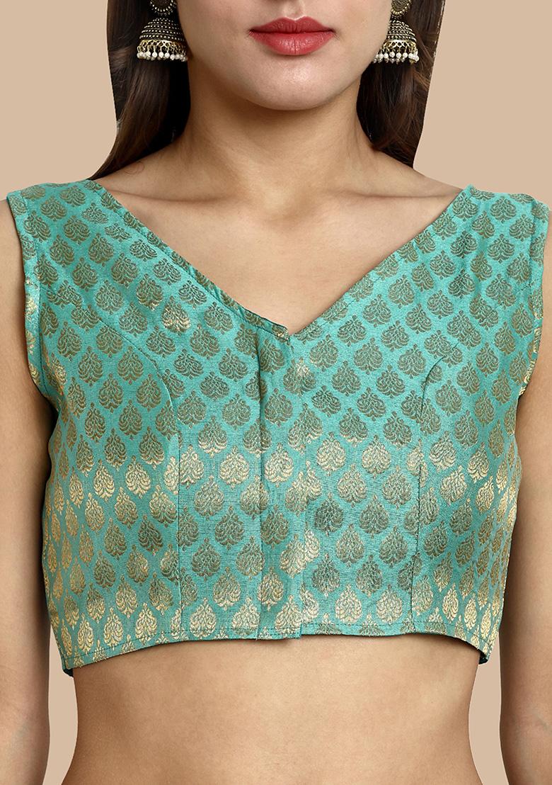 Light Green Zari Work Art Silk Blouse - Indya