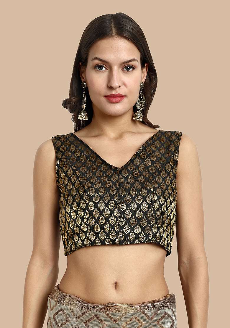 Black Zari Work Art Silk Blouse - Indya