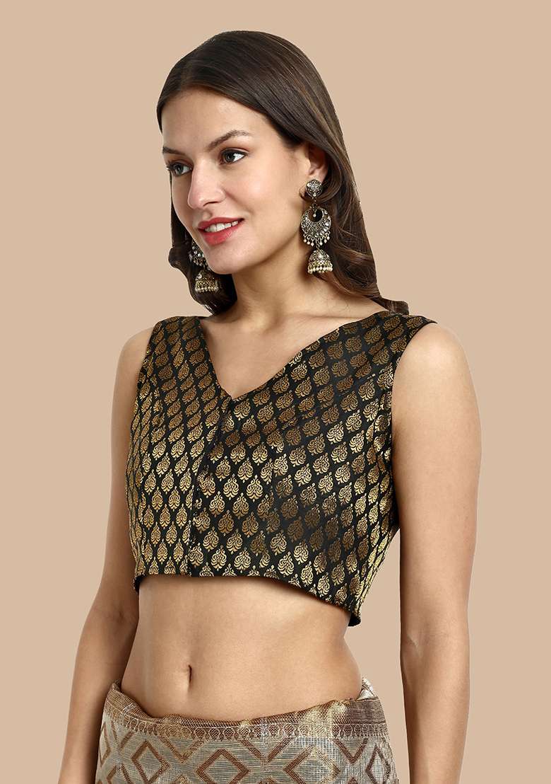 Black Zari Work Art Silk Blouse - Indya