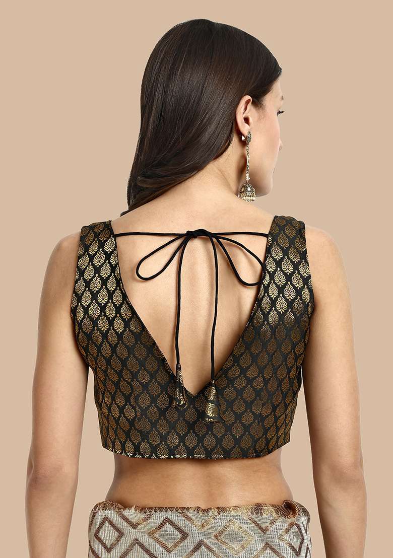 Black Zari Work Art Silk Blouse - Indya
