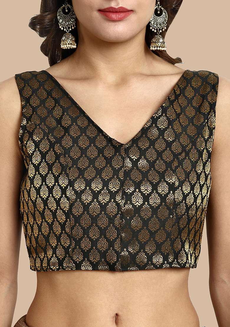 Black Zari Work Art Silk Blouse - Indya