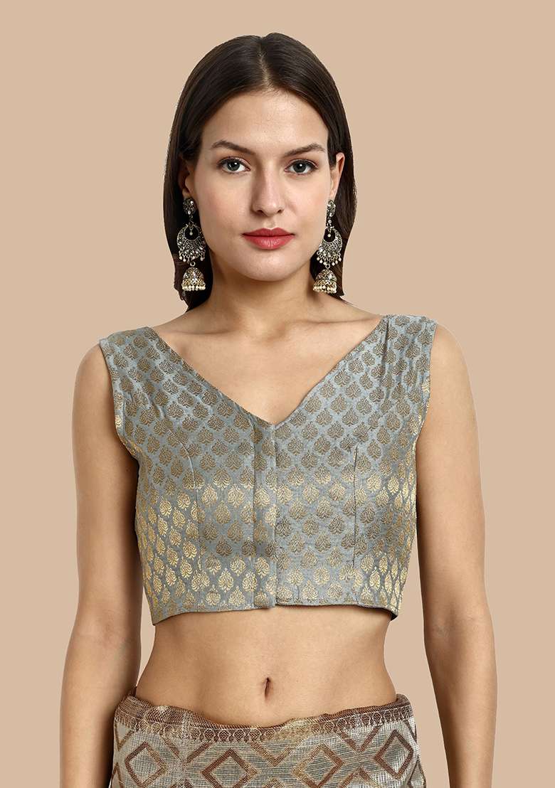 Grey Zari Work Art Silk Blouse - Indya