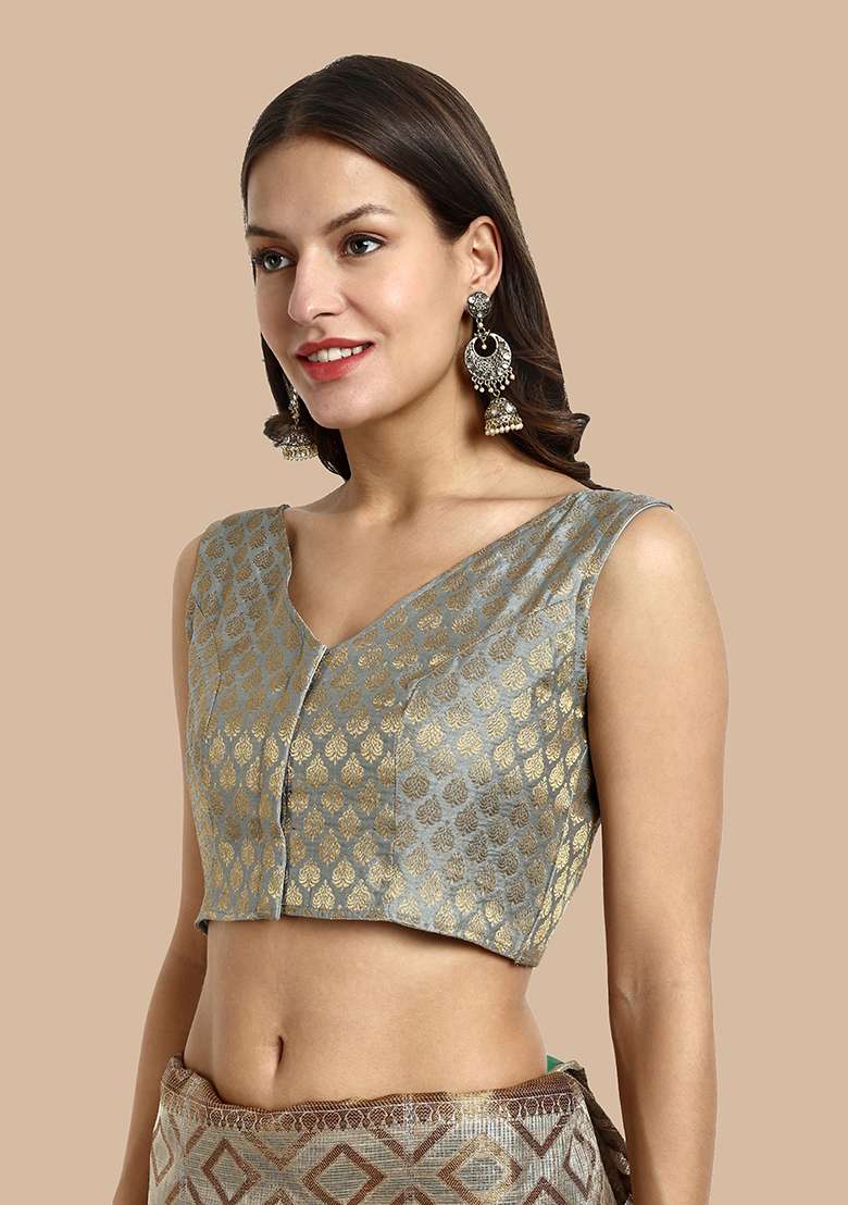 Grey Zari Work Art Silk Blouse - Indya