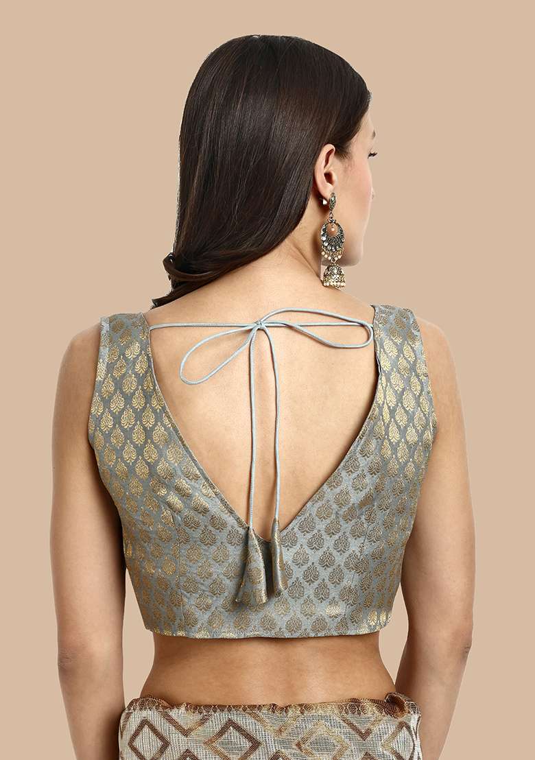 Grey Zari Work Art Silk Blouse - Indya
