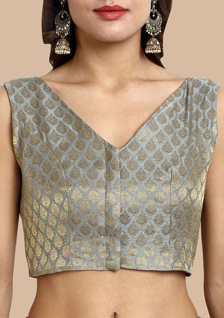 Grey Zari Work Art Silk Blouse - Indya