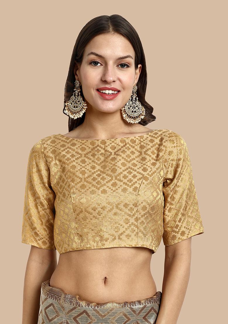 Beige Zari Work Art Silk Blouse - Indya