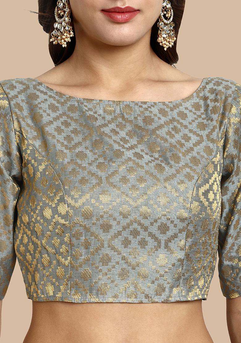 Grey Zari Work Art Silk Blouse - Indya