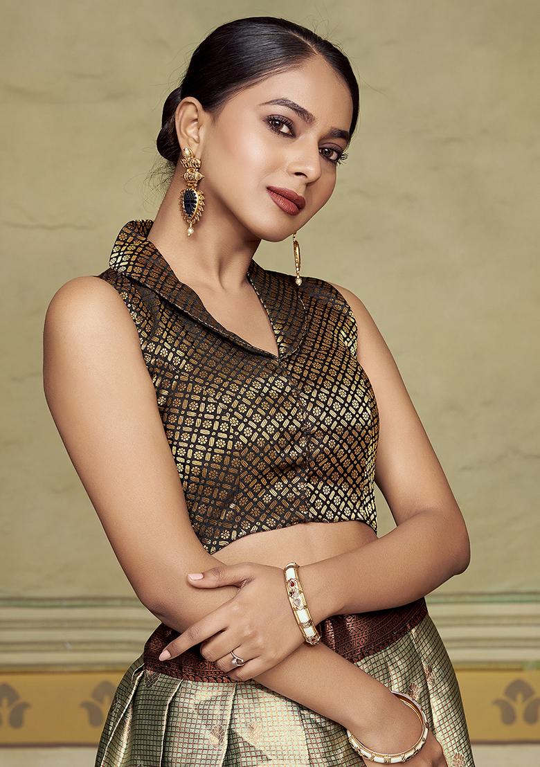 Black Zari Work Art Silk Blouse - Indya