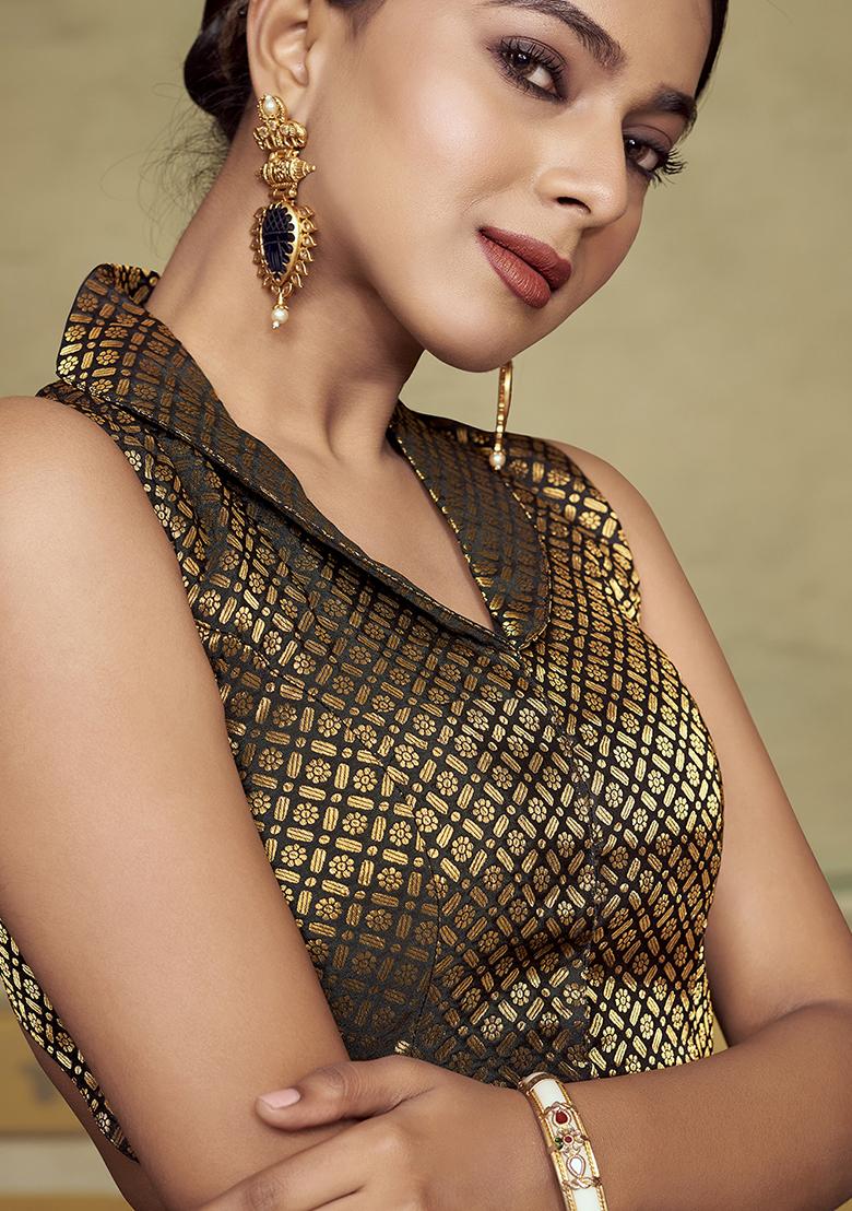 Black Zari Work Art Silk Blouse - Indya