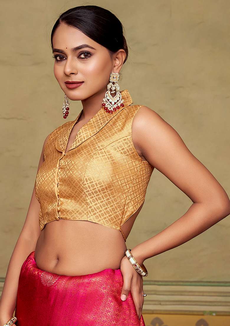 Chiku Brown Zari Work Art Silk Blouse - Indya