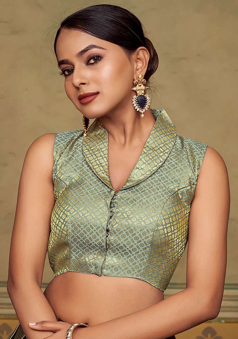 Grey Zari Work Art Silk Blouse - Indya