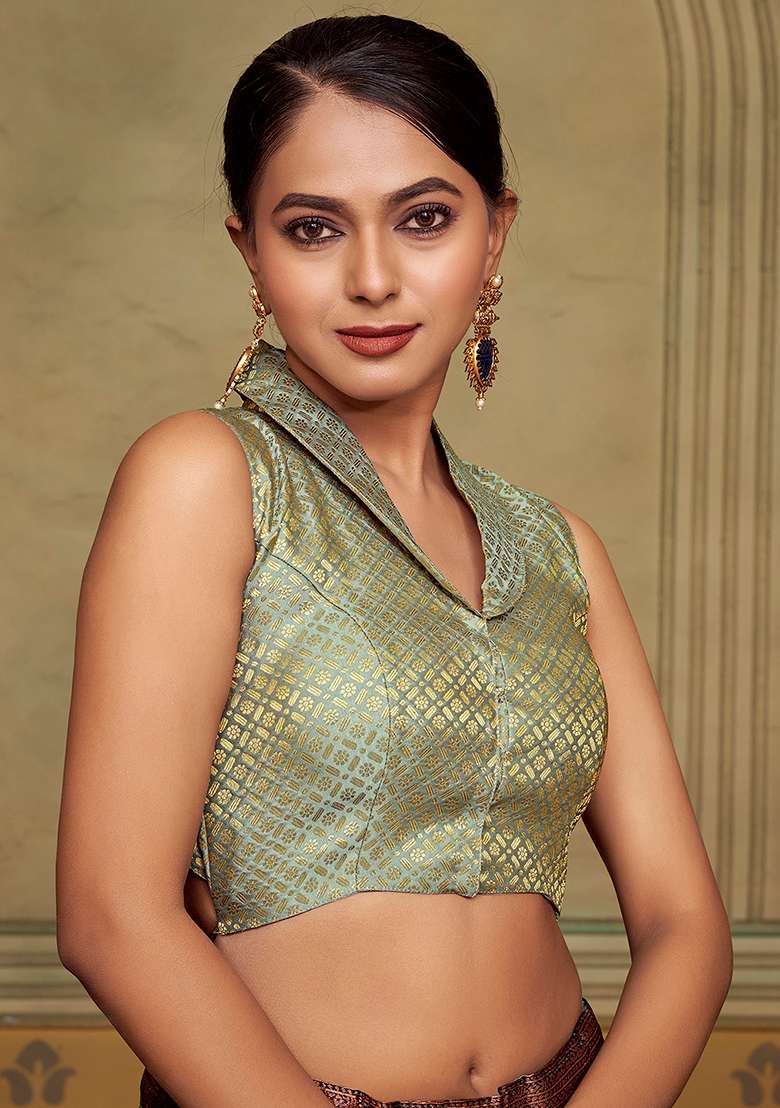 Grey Zari Work Art Silk Blouse - Indya