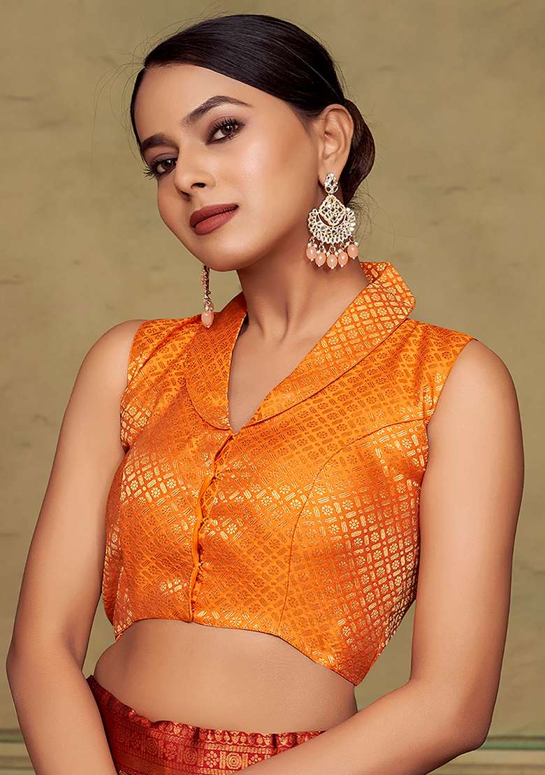 Orange Zari Work Art Silk Blouse - Indya