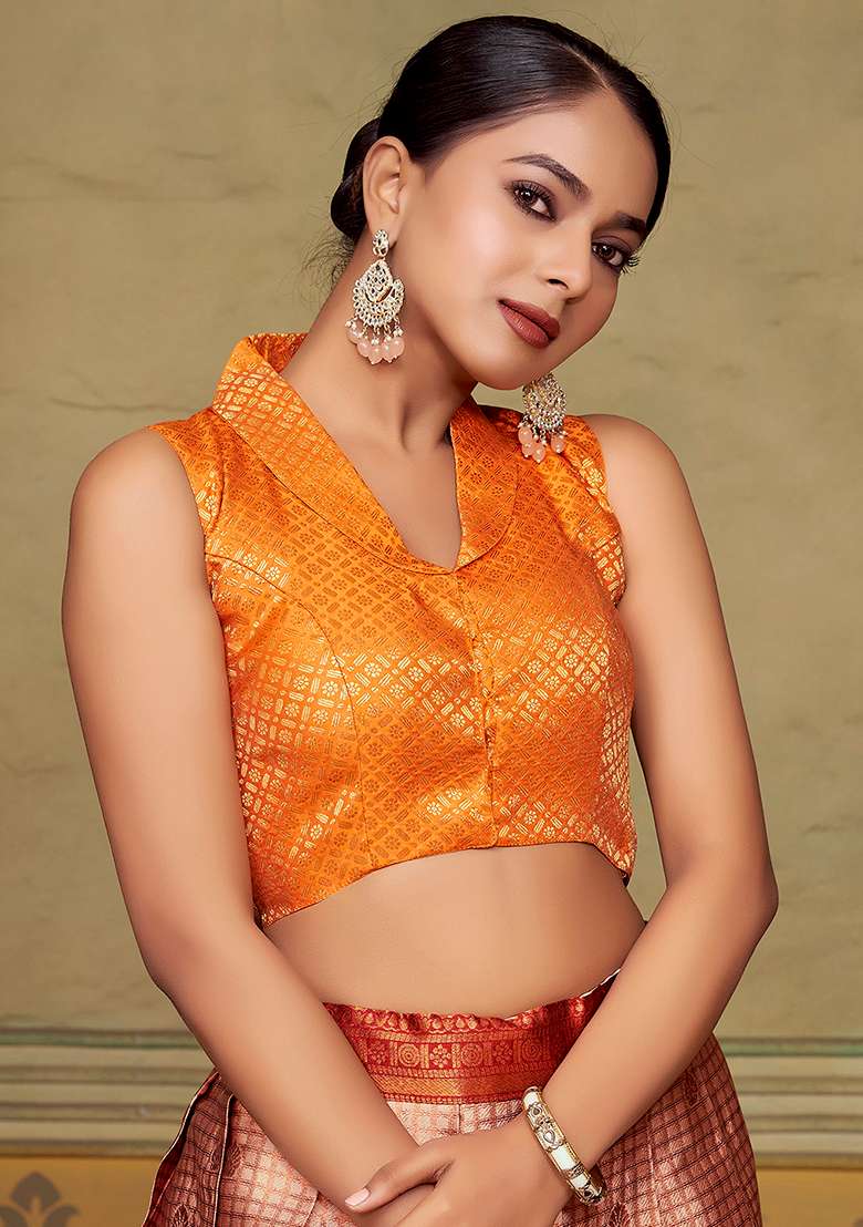 Orange Zari Work Art Silk Blouse - Indya