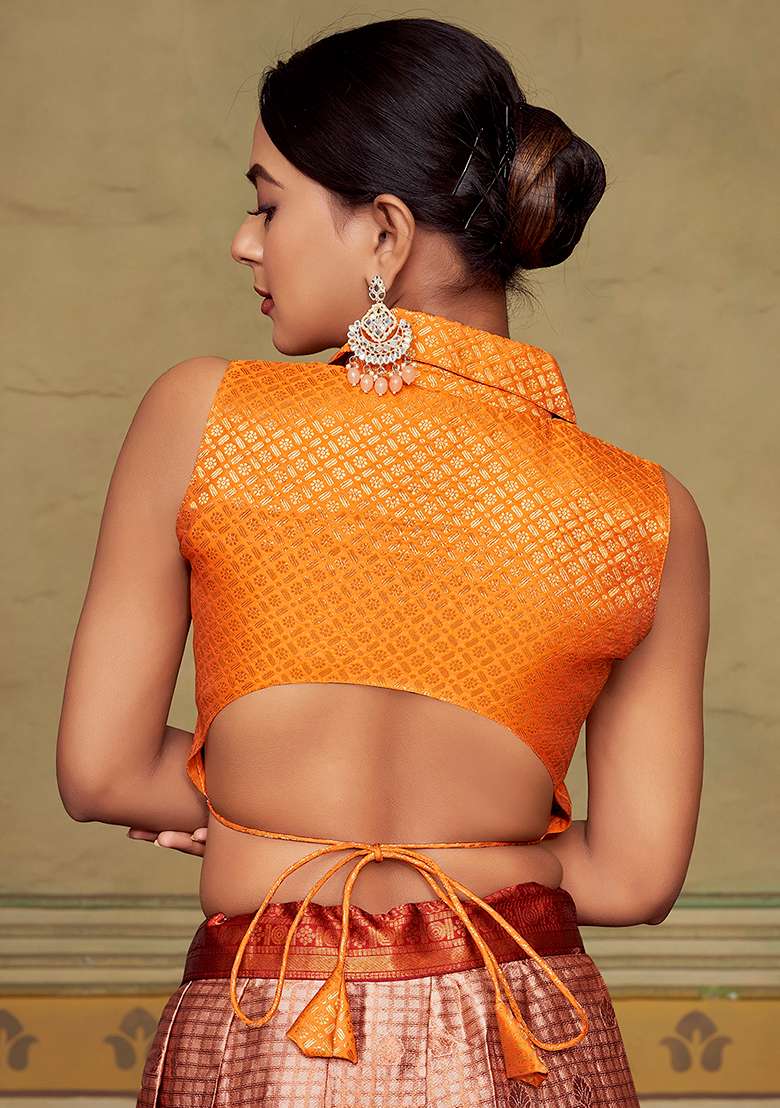 Orange Zari Work Art Silk Blouse - Indya