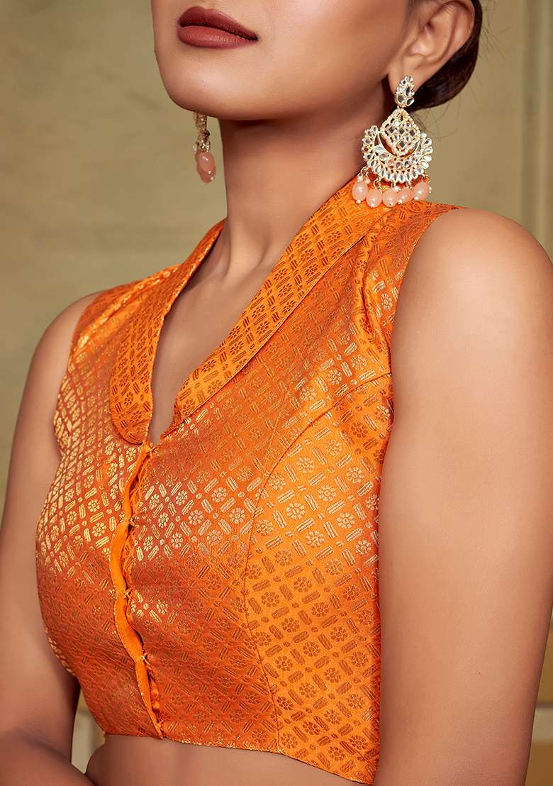 Orange Zari Work Art Silk Blouse - Indya