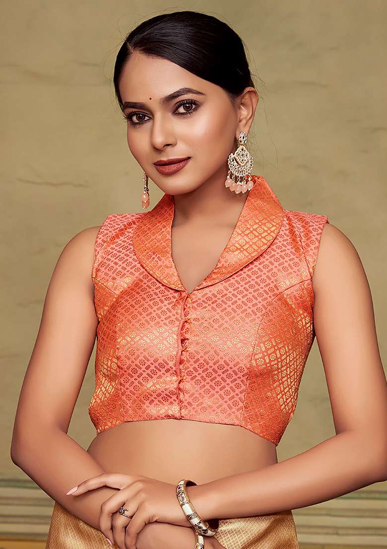 Peach Zari Work Art Silk Blouse - Indya