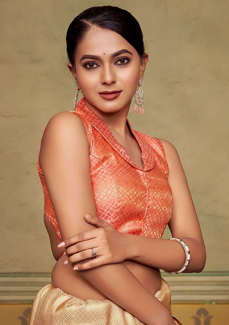 Peach Zari Work Art Silk Blouse - Indya