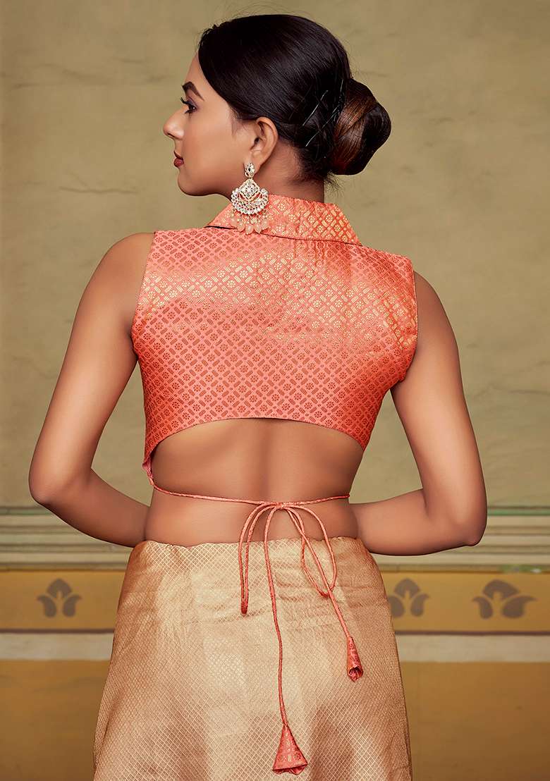 Peach Zari Work Art Silk Blouse - Indya