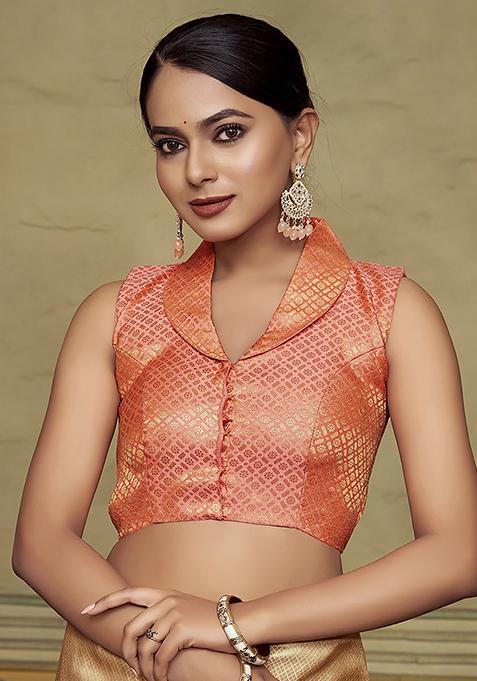 Peach Zari Work Art Silk Blouse