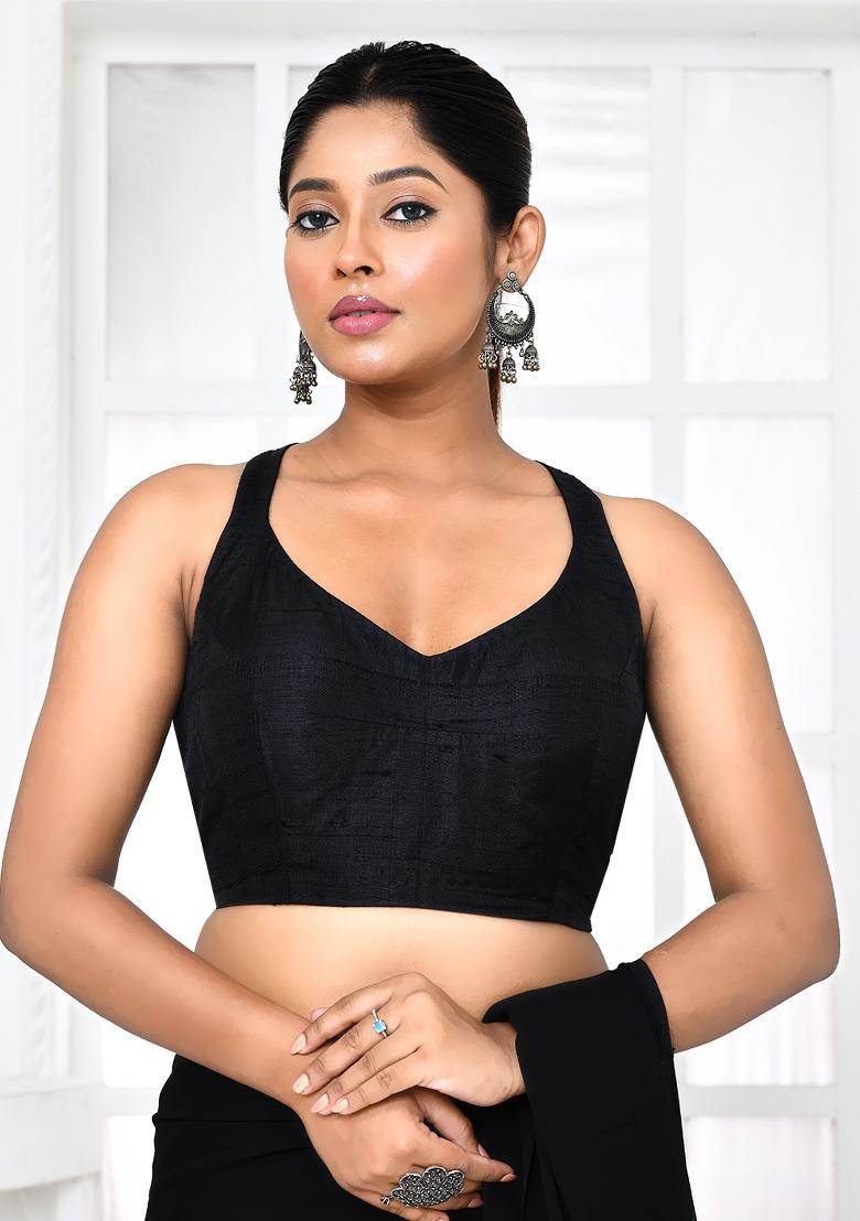 Black Embroidered Raw Silk Blouses
