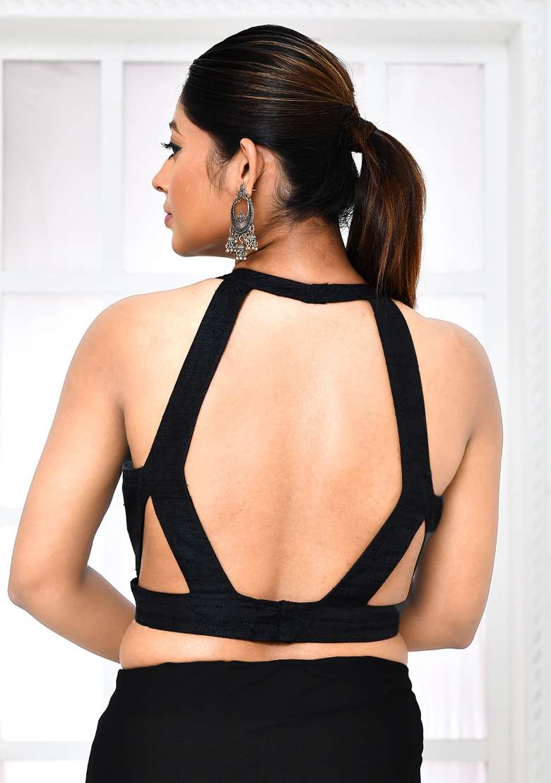 Black Embroidered Raw Silk Blouses - Indya