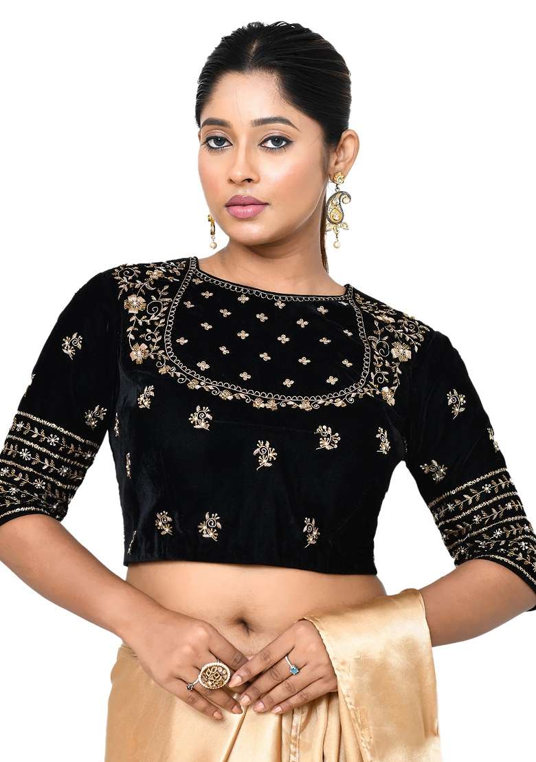 Black Embroidered Velvet Blouses - Indya