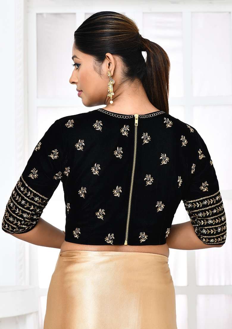 Black Embroidered Velvet Blouses - Indya