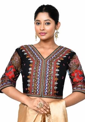 Black Embroidered Raw Silk Blouses