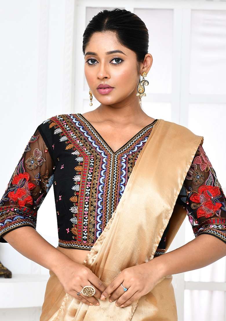 Black Embroidered Raw Silk Blouses - Indya