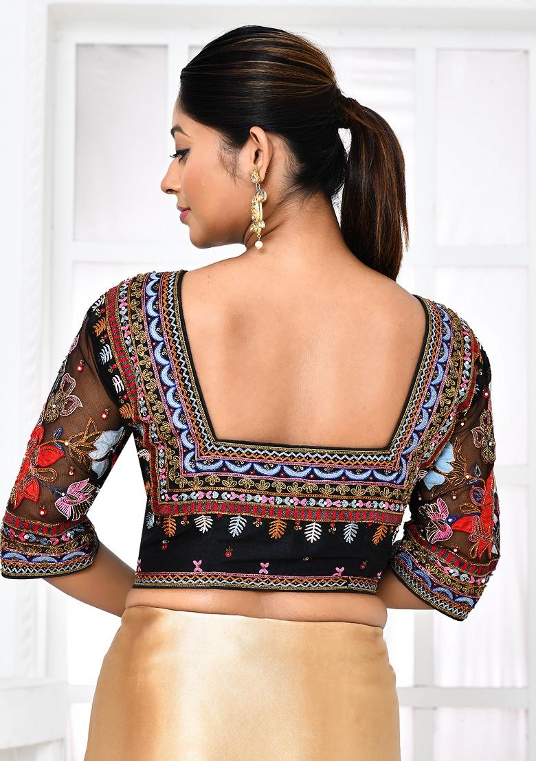 Black Embroidered Raw Silk Blouses