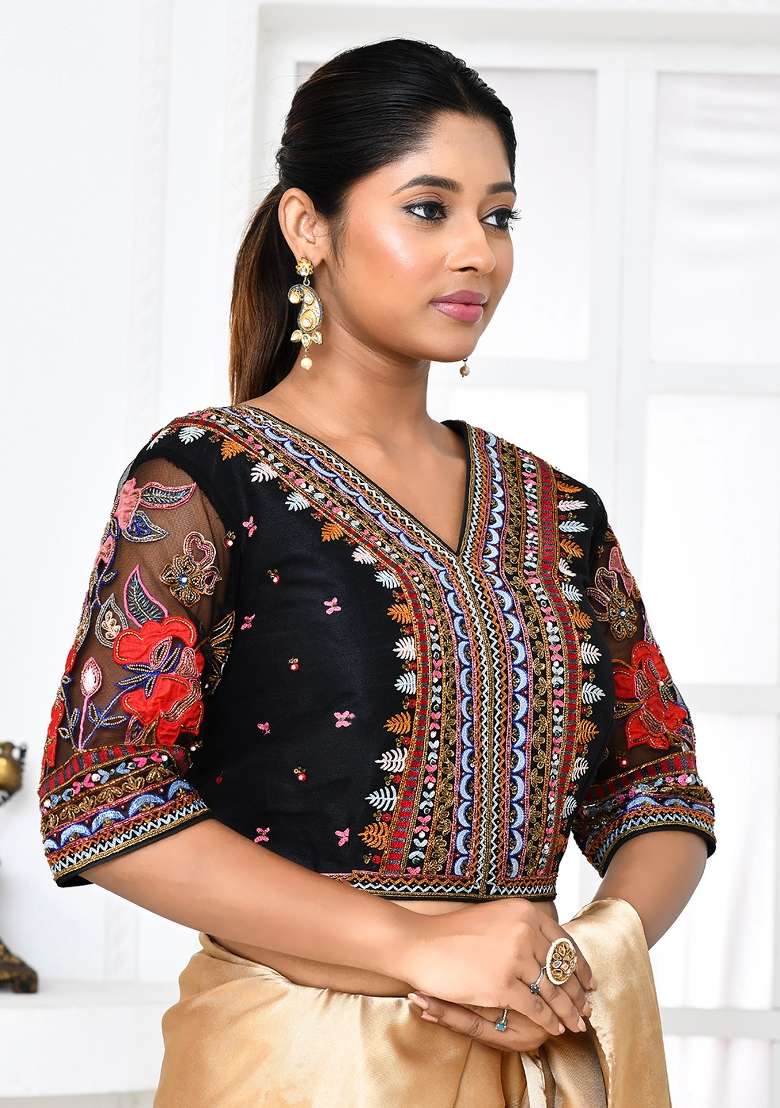Black Embroidered Raw Silk Blouses - Indya