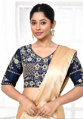 Blue Embroidered Raw Silk Blouses