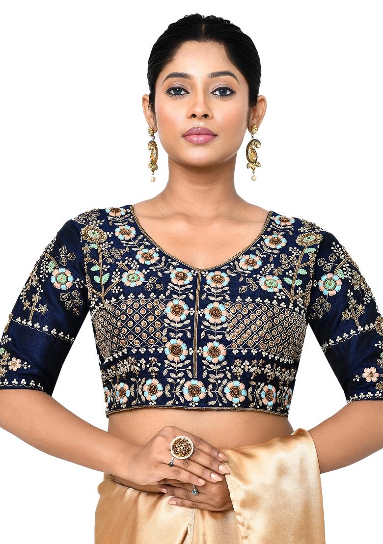 Blue Embroidered Raw Silk Blouses