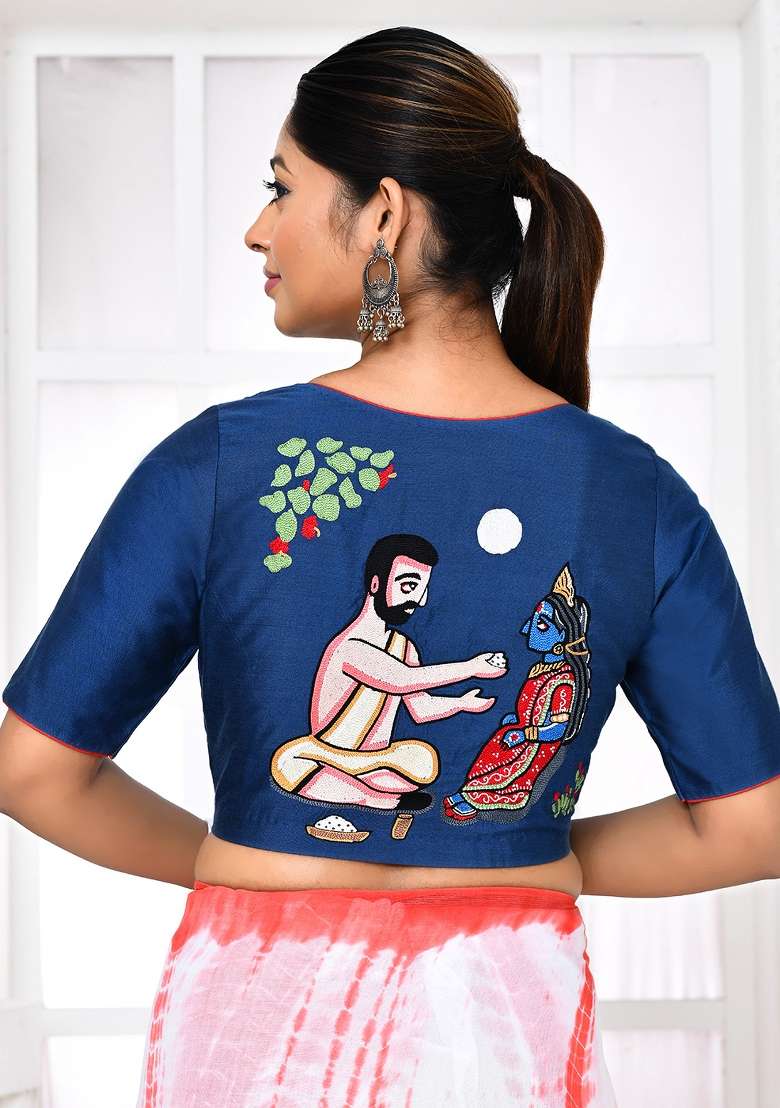 Dark Blue Embroidered Silk Blouses - Indya