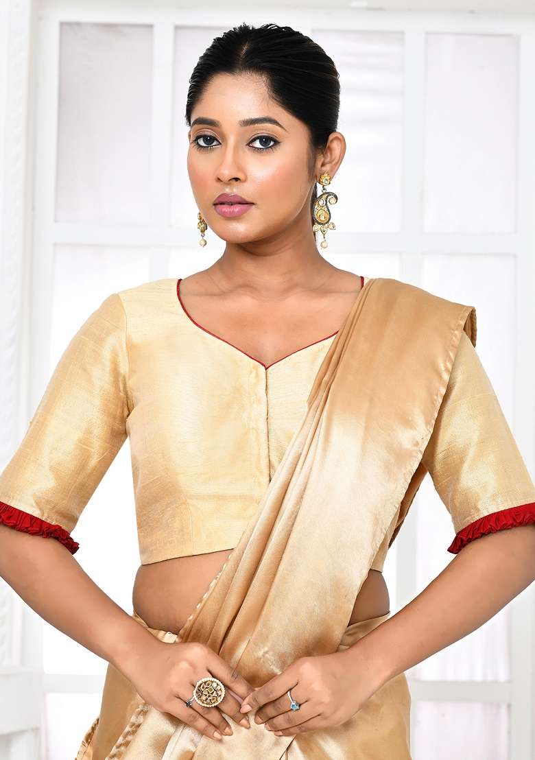 Golden Embroidered Raw Silk Blouses - Indya