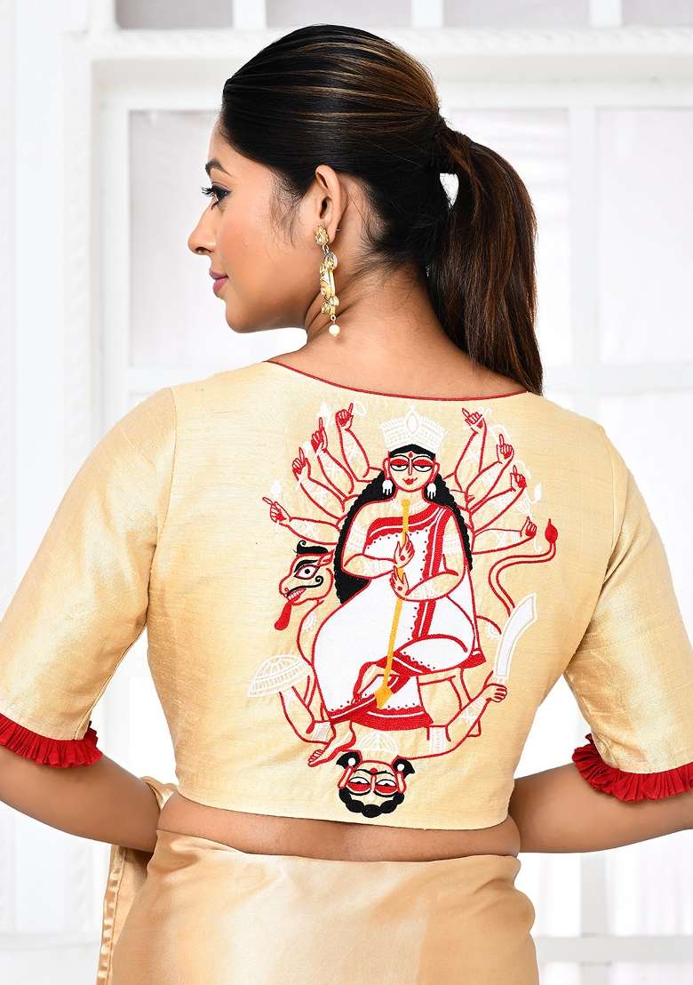 Golden Embroidered Raw Silk Blouses - Indya