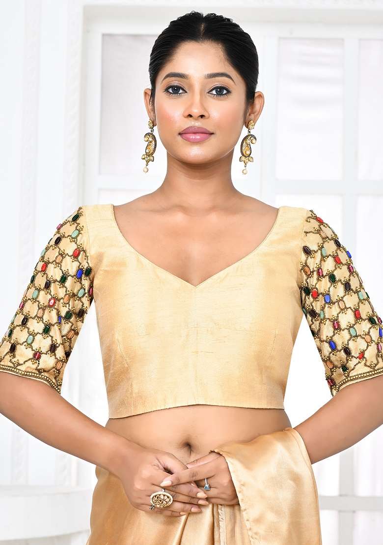 Golden Embroidered Raw Silk Blouses - Indya
