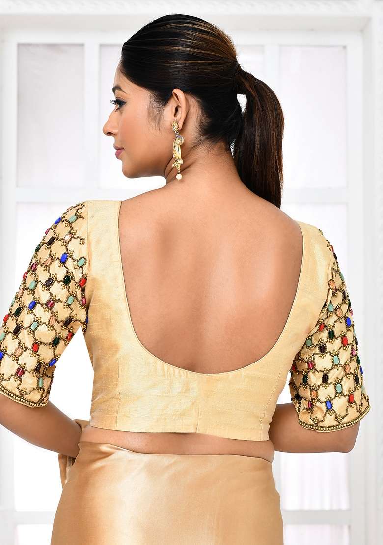 Golden Embroidered Raw Silk Blouses - Indya