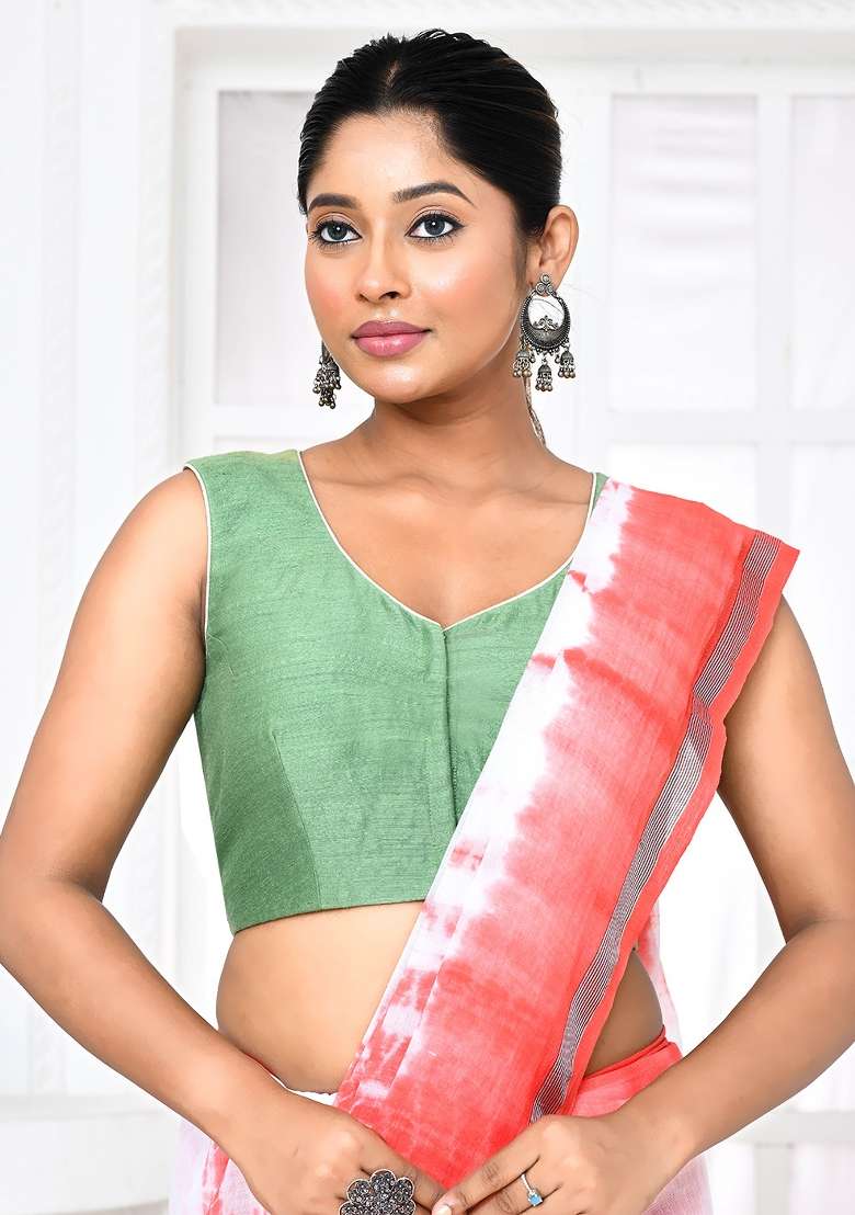 Green Embroidered Matka Silk Blouses - Indya