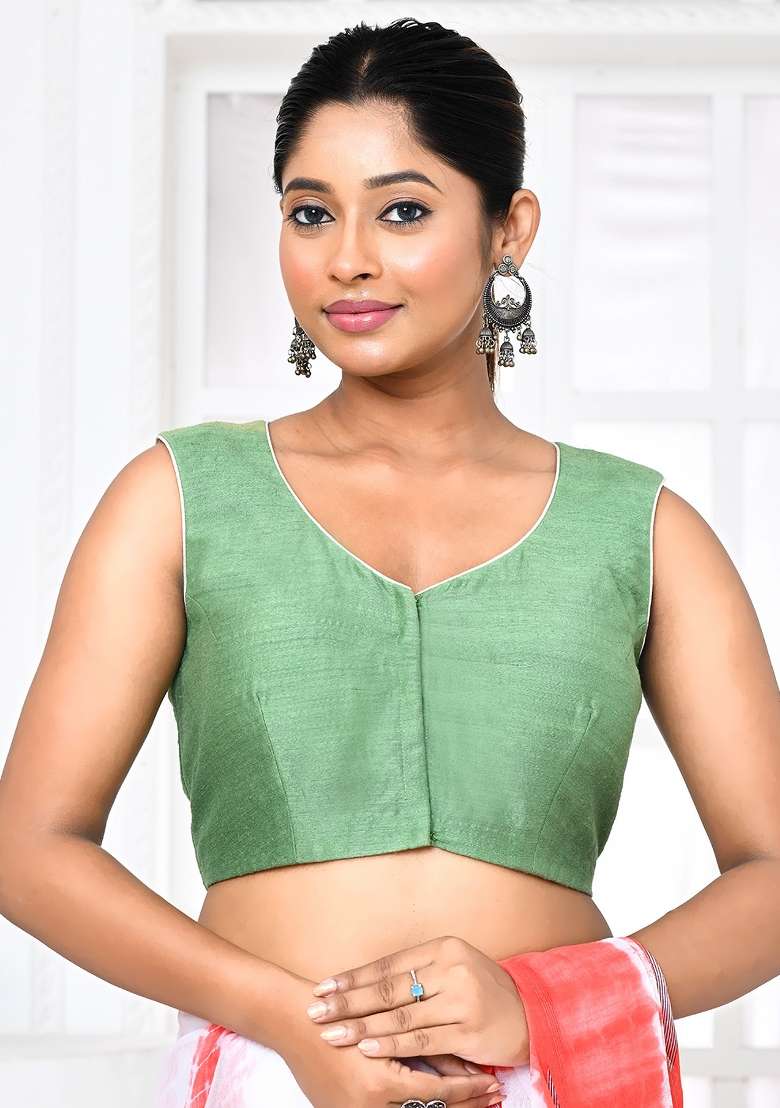 Green Embroidered Matka Silk Blouses - Indya