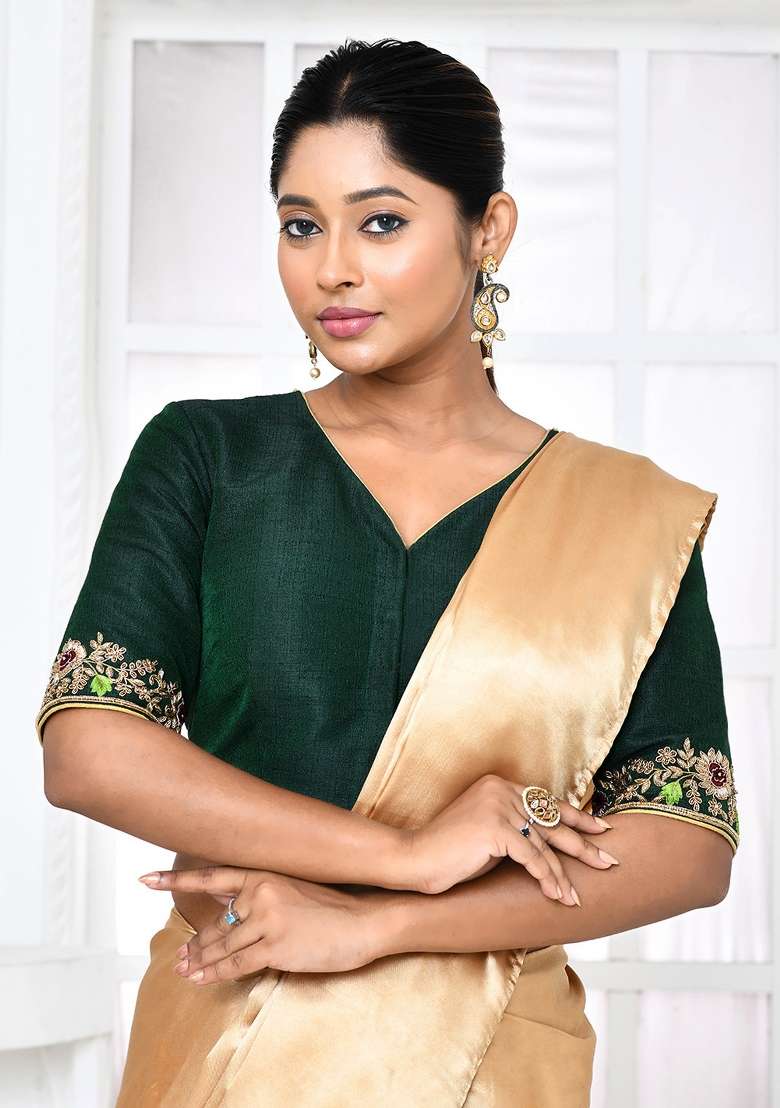 Green Embroidered Raw Silk Blouses - Indya