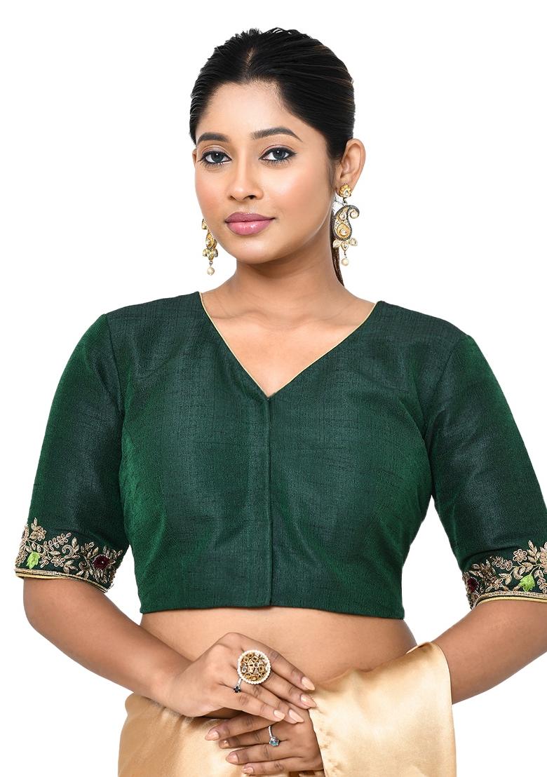 Green Embroidered Raw Silk Blouses