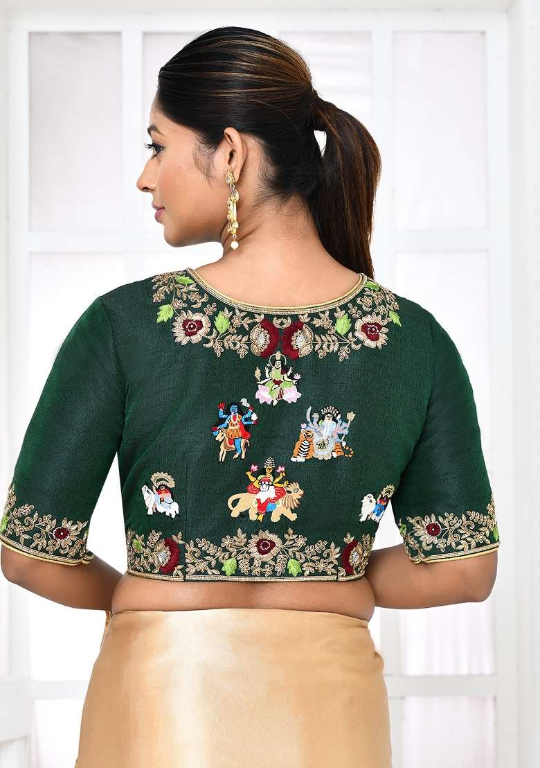 Green Embroidered Raw Silk Blouses - Indya